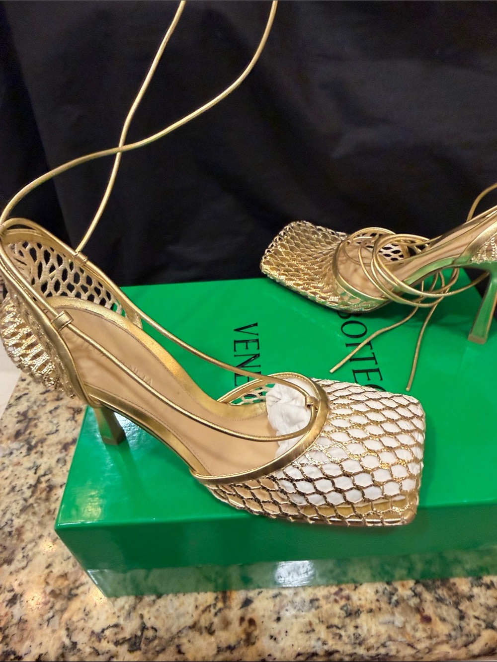 Bottega Veneta Gold Lace-Up Woven High Heels - Picture 2 of 5
